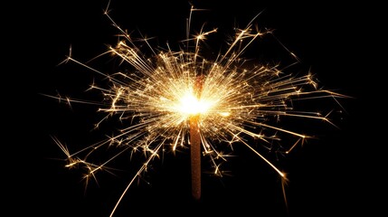 Golden sparkler burning brightly with many sparks against black background. Great for using in celebrating New Year or special occasions design.