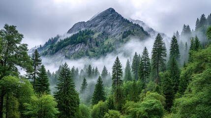 Obraz premium Misty Mountain Peak and Evergreen Forest Landscape