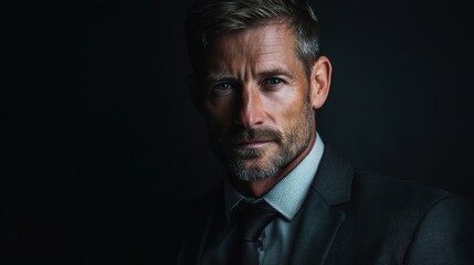 Fototapeta premium Middle Aged Businessman in Charcoal Suit Against Dark Background