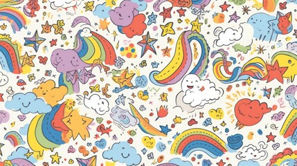 Fototapeta premium Colorful Rainbow and Cloud Doodle Seamless Pattern Design for Background