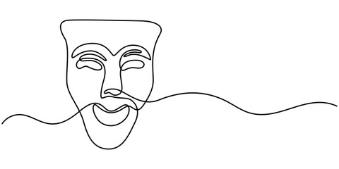 Greek mask one line drawing, opera event symbols continuous hand drawn, One continuous line illustration of a woman's masquerade mask, isolated on white background, Theater Sign Line Icon Editable .