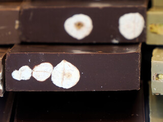 Italian sweet chocolate torrone detail