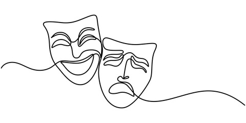Greek mask one line drawing, opera event symbols continuous hand drawn, One continuous line illustration of a woman's masquerade mask, isolated on white background, Theater Sign Line Icon Editable .