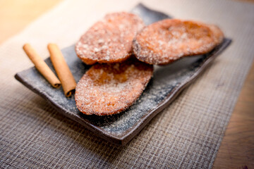 Traditional Spanish torrijas, dessert often enjoyed during Lent and Holy Week or Semana Santa, and Easter, similar to french toast