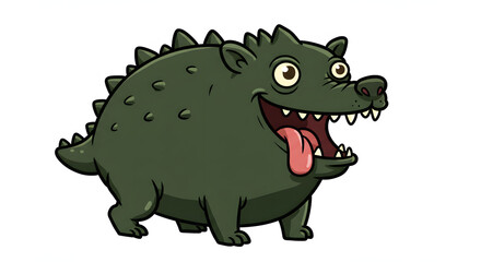 Green Cartoon Creature: A friendly cartoon character, with spiky dorsal fins and a happy grin, leaps into view, evoking fun, charm, and lighthearted whimsy.