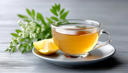 Herbal tea with lemon in a glass cup on a saucer
