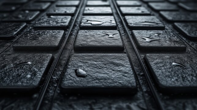 Close-up of train track with water droplets reflecting light in a captivating and intimate perspective of nature