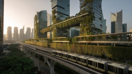 Fototapeta premium Eco-Friendly Vertical Gardens on Modern Skyscrapers with Solar Panels and Green Skybridges, Electric Tram Commuting Below in Golden Hour Sustainable Cityscape