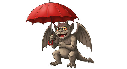Gargoyle with Red Umbrella: A whimsical gargoyle, perched and grinning with a sense of playful charm, holds a vibrant red umbrella against the sky, conjuring a scene of delightful fantasy and cheer.