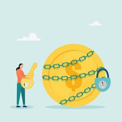 Character uses key to unlock money coin from chains, business and financial problems. Vector illustration.	
