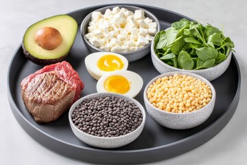 Muscle-focused diet display with macros labeled on plates