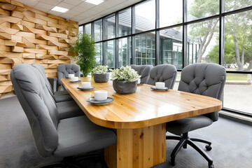 Modern conference room with large windows, wooden table, gray chairs, and an acoustic wall