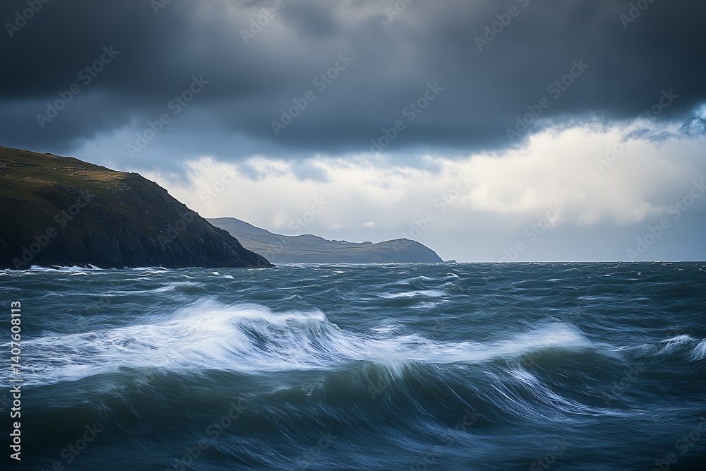 Poster Choppy ocean waters with dark clouds and distant cliffs creating a dramatic coastal scene : Generative AI