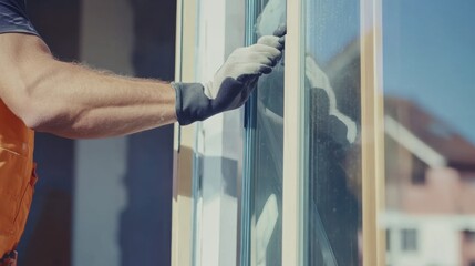 Construction worker placing large glass windows in a frame. Featuring teamwork and accuracy
