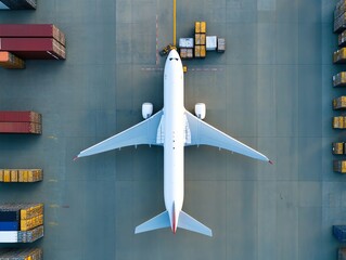Aerial view of airport cargo zone with logistics trucks and aircraft loading