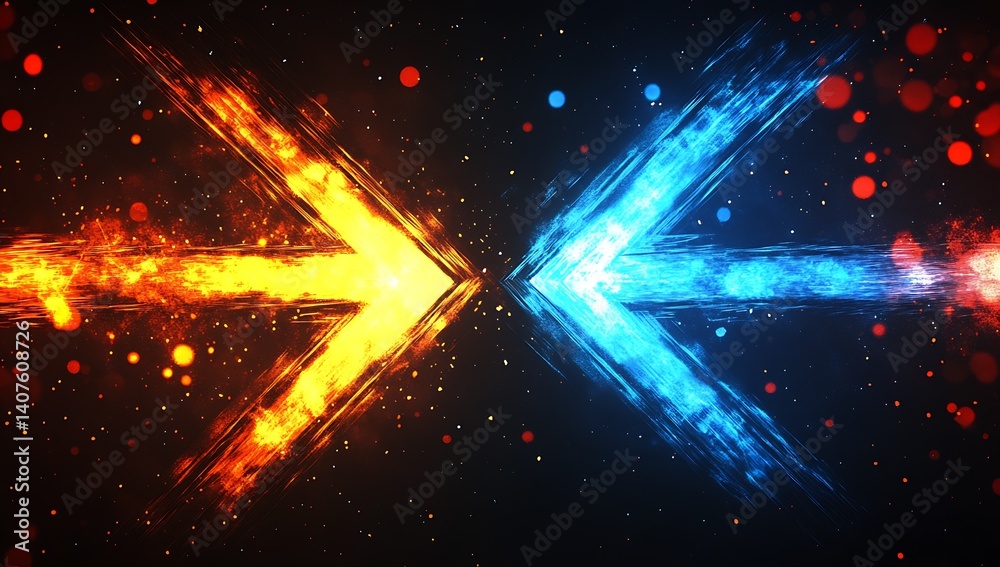 Poster intense visual of fiery orange and cool blue arrows colliding with bright particles against a dark b