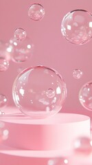 Fototapeta premium Abstract pink background with transparent bubbles floating around geometric podium, creating a soft and dreamy atmosphere perfect for creative design projects or presentations.
