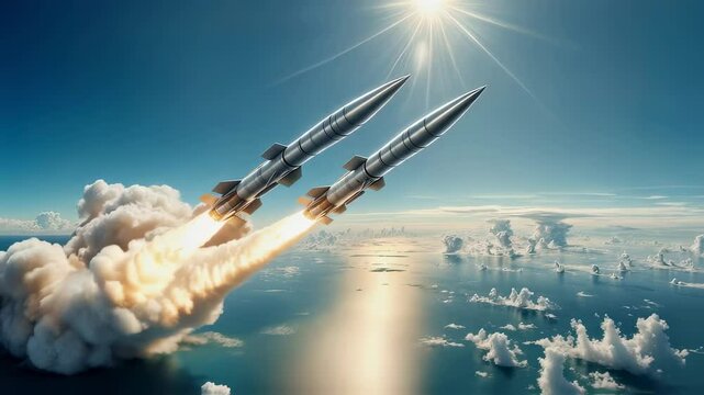 Two modern missiles launching against sunlight in blue and white sky video footage. Military technology and defense weapon stock clip in open space area.
