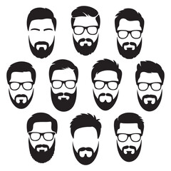 Set bearded men faces hipsters with haircuts. Vector Black silhouettes. with white background