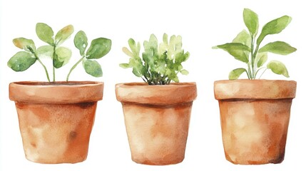 Obraz premium Watercolor painting of three potted plants in terracotta pots on white background