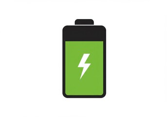 Fototapeta premium A green battery icon with a white lightning bolt on a white background in a simple illustration
