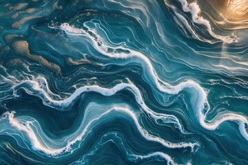 Fototapeta premium An aerial view of vibrant blue ocean waves with white foamy crests flowing gracefully, capturing a sense of tranquility and natural beauty.