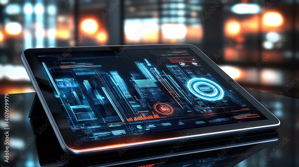 Poster Futuristic tablet displaying urban data with glowing graphics in modern city environment : Generative AI