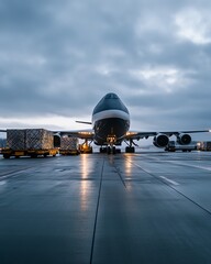 Heavyduty air cargo aircraft surrounded by logistics personnel and freight vehicles