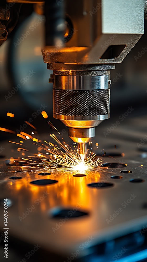 Poster dynamic image of a laser cutting machine producing bright sparks while cutting metal on a workshop t