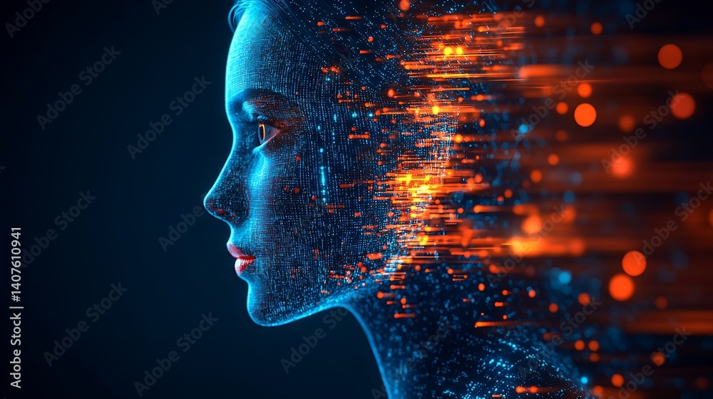 Poster side profile of a futuristic digital woman with glowing data streams and visual effects : generative