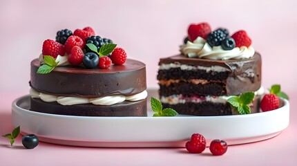 A vibrant, close-up shot of an elegant chocolate layered dessert topped with berries, presented vertically, in bright, energetic colors, showcasing culinary details with AI-generated, sharp focus