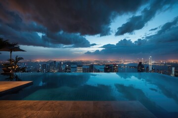 Stunning skyline view of a city at dusk with illuminated buildings reflecting in an infinity pool, under a moody sky.