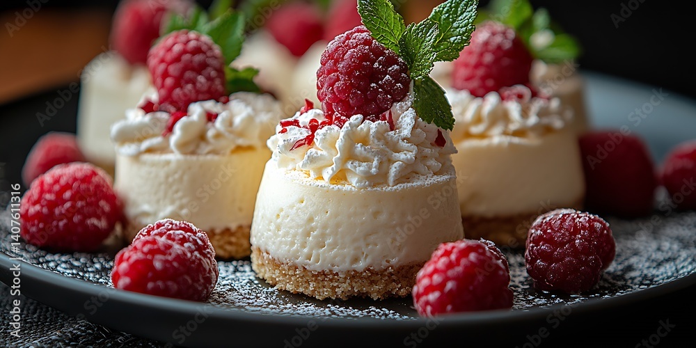 Aufkleber tempting raspberry cheesecake bites garnished with fresh berries and mint on a serving plate : gener