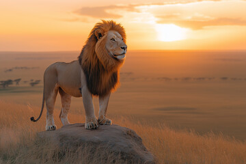 Majestic male lion at golden sunset in african savanna