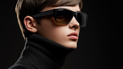 Trendy person wearing sunglasses against a black background exuding style and modern aesthetic in fashion photography