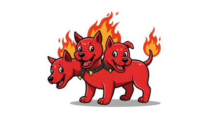 Cerberus: The image showcases Cerberus, a fearsome three-headed dog guarding the gates of the underworld, with stylized flames representing hellfire.