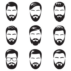 Set bearded men faces hipsters with haircuts. Vector Black silhouettes. with white background