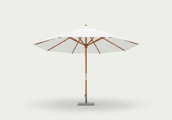 A white patio umbrella with a wooden frame and a gray base against a white background studio shot