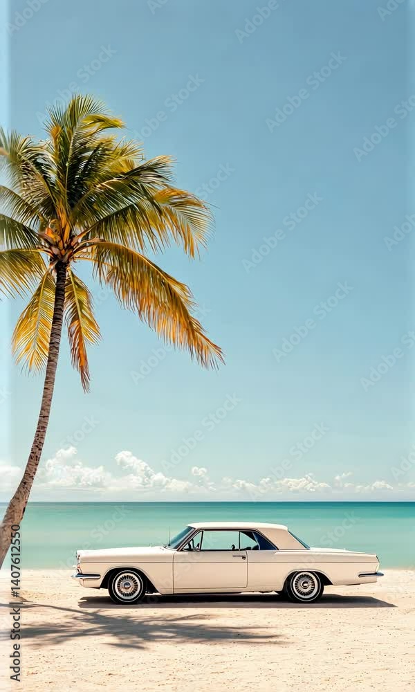 Poster stop motion animation of a white vintage car parked on a tropical beach with a palm tree in the back