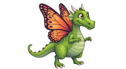Whimsical Dragon with Butterfly Wings: A charming and enchanting illustration of a green dragon, adorned with vibrant butterfly wings, exuding playfulness and fantasy.
