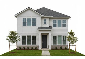 Obraz premium A two story white house with a dark roof and a green lawn with two small trees on either side