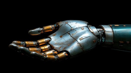 Futuristic metallic robot hand displayed against a black background, highlighting innovative design and technology