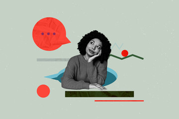 Creative full artwork collage of happy girl stand bubble communication icon chatterbox conversation...