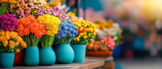 Obraz premium [Indoor Flower Arrangement Market Stall Display] Vibrant Floral Market Stand Display, Colorful Flowers in Blue Green Pots Indoors