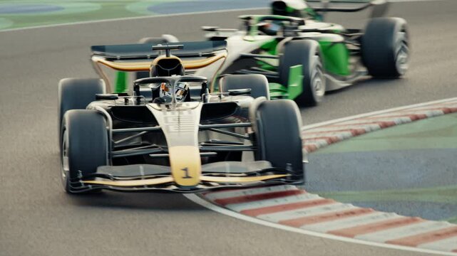 Camera zooms in and follows the leading race car driving around curve. Dynamic tracking shot. Multiple race cars. 3d animation rendering. Generic car design. New 2025 black and gold race car design