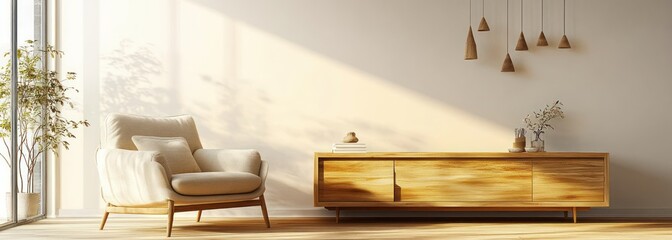 Scandinavian Style Living Room with Beige Armchair Wooden Sideboard and Ambient Lighting