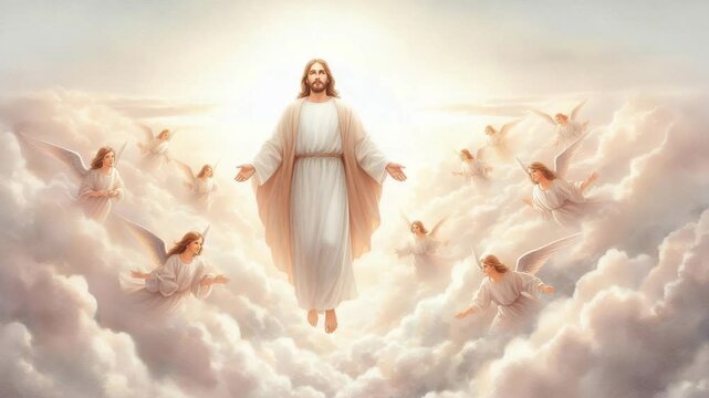 Divine ascension of jesus surrounded by angels heavenly realm digital art celestial scene