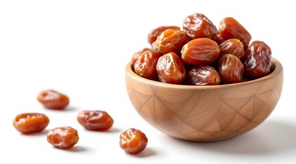 Obraz premium Wooden Bowl Filled with Fresh Dates on a White Background
