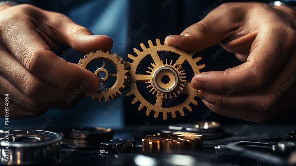 Aufkleber close-up of skilled hands expertly assembling golden gears highlighting mechanical art and precision