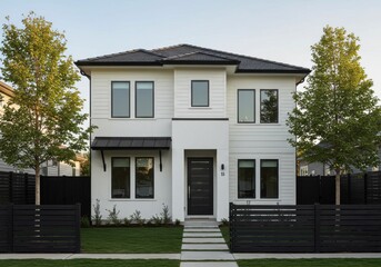 Obraz premium A modern two story house with white siding black trim and a dark fence on a sunny day in the suburbs